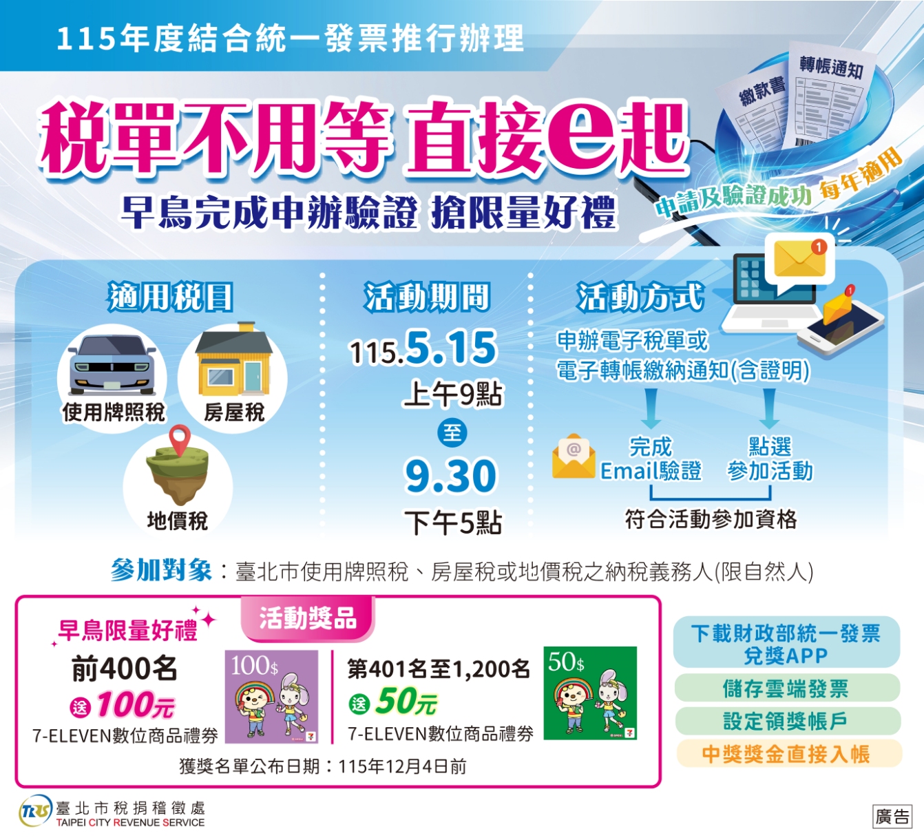 115年度結合統一發票票推行辦理稅單不用等 直接e起來